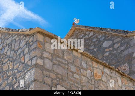 A seagull standing on top of the roof of a stone house. Croatia. Stock Photo