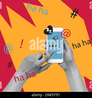 Contemporary art collage. Conceptual image with phone screen showing many negative messages and hate Stock Photo