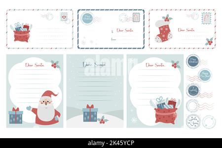 Christmas collection templates. Letter to Santa Claus, new year postal envelopes and postage stamps. Big set of isolated vector illustration for decor Stock Vector