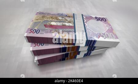 Qatar money Riyal money pack 3d illustration. QAR banknote bundle stacks. Concept of finance, cash, economy crisis, business success, recession, bank, Stock Photo