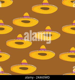 Seamless pattern with ethnic sombrero hat on color background. Vector drawing illustration for packaging, fabric, textile. Wild west, Mexico concept Stock Vector