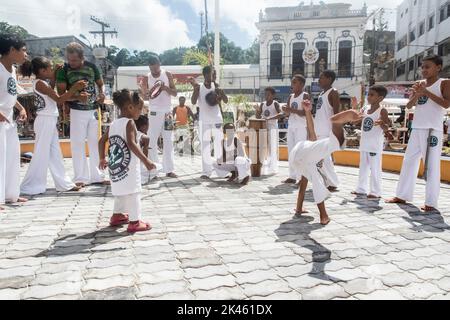 Group of people playing capoeira in a city square in Nazare das Farinhas, Brazil. Stock Photo