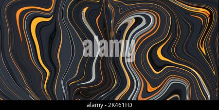 Striped painted black background, dark texture with bright orange lines. Wide banner, creative futuristic design. Modern panoramic backdrop, 3d effect Stock Photo