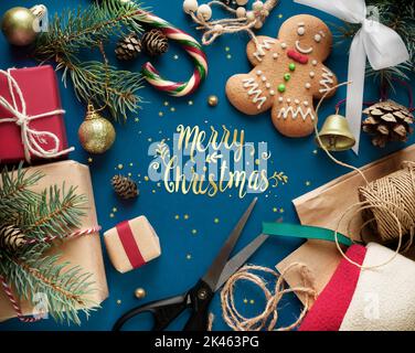 Merry Christmas greeting card. Preparation, gift wrapping concept in christmas time Stock Photo