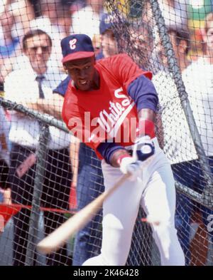 Michael Jordan of the Chicago Bulls takes batting practice as a Chicago White Sox baseball player during stint away from basketball in 1994. Stock Photo