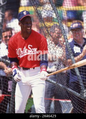 Michael Jordan of the Chicago Bulls takes batting practice as a Chicago White Sox baseball player during stint away from basketball in 1994. Stock Photo