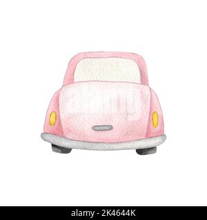 Watercolor Pink Car Isolated on White Background. Illustration of a Car for Postcards and Invitations. View from the back. Stock Photo