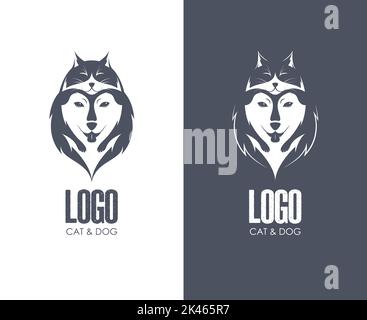 Dog and cat together logo or icon design. Cat lies on the husky head. Stock Vector