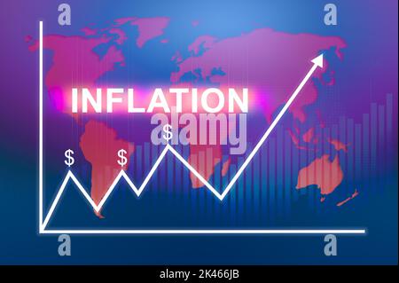 Inflation graph, financial concept. Decreasing value of money in post-covid. Graph of rising inflation rates 2023 2022 years. Economic crisis that wil Stock Photo