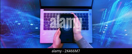 cybersecurity. Phone lock to protect from cyber scam, online data fraud. Digital cybersecurity and network protection. Digital screen,virtual worldwid Stock Photo