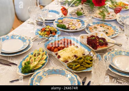 Catering service. Snacks for guests on the table. Stock Photo