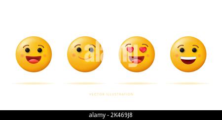 Set of Happy icons emotion. Yellow emoticons. Vector illustration in cartoon 3D style Stock Vector