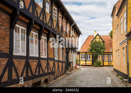 Street and traditional houses in old town of Ribe, Jutland, Denmark Stock Photo