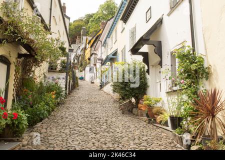 view of cottages and cobbles on narrow street in Clovelly, North Devon, UK, August. Stock Photo