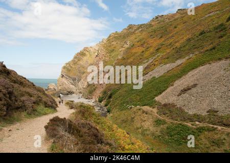 sea, hills and beach at Heddon's Mouth, Heddon Valley, River Heddon, North Devon coast, UK, August Stock Photo