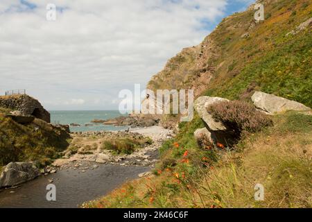 sea, hills and beach at Heddon's Mouth, Heddon Valley, River Heddon, North Devon coast, UK, August Stock Photo