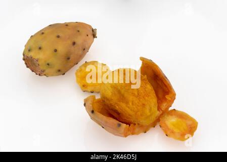 Peeled prickly pear and one whole isolated on white Stock Photo