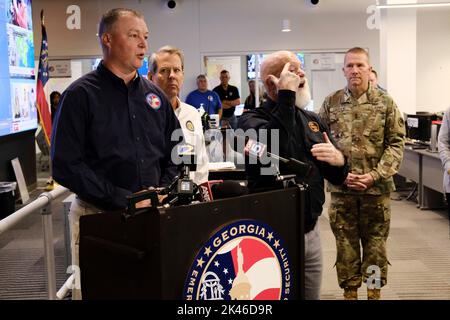 Atlanta, Georgia, USA. 30th Sep, 2022. GEMA/HS Director James C. Stallings gives an update on Hurricane Ian during Gov. Brian Kemp's second visit to the State Operations Center three days after declaring a state of emergency for the state of Georgia. (Credit Image: © John Arthur Brown/ZUMA Press Wire) Stock Photo