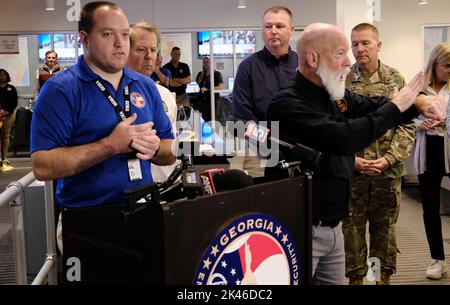 Atlanta, Georgia, USA. 30th Sep, 2022. GEMA/HS Meteorologist Will Lanxston gives an update on Hurricane Ian during Gov. Brian Kemp's second visit to the State Operations Center three days after declaring a state of emergency for the state of Georgia. (Credit Image: © John Arthur Brown/ZUMA Press Wire) Stock Photo