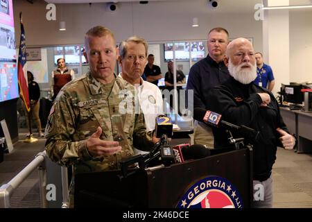 Atlanta, Georgia, USA. 30th Sep, 2022. Major General Thomas J. Carden of the Georgia National Guard speaks on the readiness of the troops to deploy to areas affected by Hurricane Ian during Gov. Brian Kemp's second visit to GEMA/HS State Operations Center, three days after declaring a state of emergency for the State of Georgia. (Credit Image: © John Arthur Brown/ZUMA Press Wire) Stock Photo