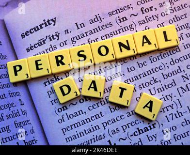 Personal Data,spelled out in Scrabble letters, on the dictionary definition of security Stock Photo
