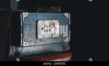 Old is a harmonium that reflects the history of music. Traditional Music Instrument of Bangladesh. Stock Photo