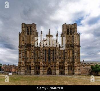 Wells, United Kingdom - 1 September, 2022: view of the two spires and front of the 12th-centruy Gothic Wells Cathedral in Somerset Stock Photo