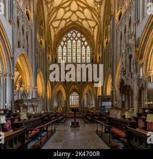 Wells, United Kingdom - 1 September, 2022: view of the Choir and central nave inside the historic Wells Cathedral Stock Photo