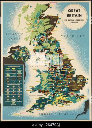 Colorful vintage travel poster map of Great Britain showing natural resources and industries Stock Photo