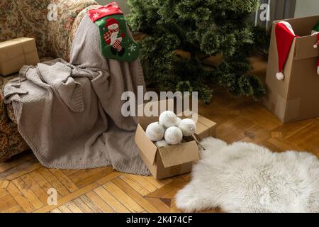 socks and christmas tree preparing for christmas Stock Photo