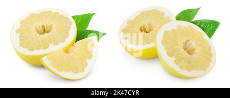 half of pomelo with leaf isolated on white background. Stock Photo