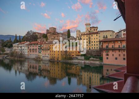 Beautiful view on Bridge of Bassano del Grappa, during sunset, Vicenza, Veneto. Stock Photo