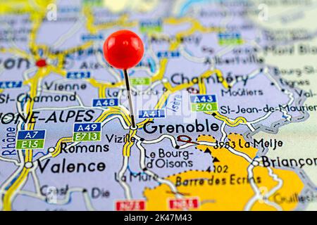 Grenoble map. Close up of Grenoble map with red pin. Map with red pin point of Grenoble in France. Stock Photo