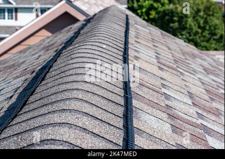 Ridge cap vent installed on a shingle roof for passive attic ventilation on a residential house.  Stock Photo