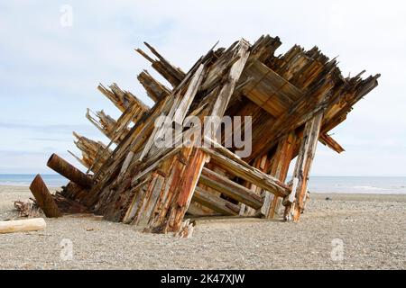 The remaining hull of the Pesuta shipwreck lying in sand north of Tlell River on East Beach in the Naikoon Provincial Park, Haida Gwaii, BC, Canada Stock Photo