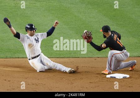 New York City, USA. 30th Sep, 2022. New York Yankees Isiah Kiner-Falefa steals second under the tag from Baltimore Orioles Rougned Odor in the eighth inning at Yankee Stadium in New York City on Friday, September 30, 2022. Photo by John Angelillo/UPI Credit: UPI/Alamy Live News Stock Photo