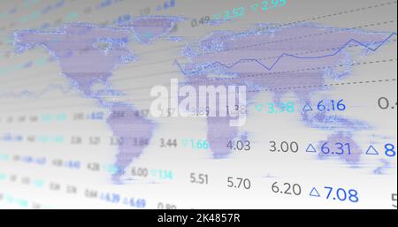 Image of interference over world map and stock market. technology, computing and digital interface concept digitally generated image. Stock Photo