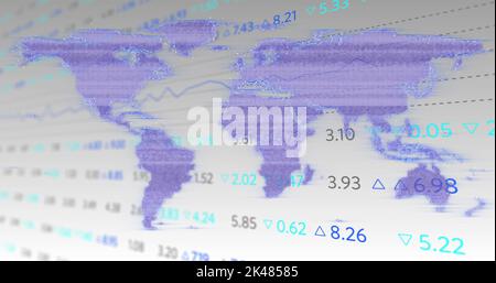 Image of interference over world map and stock market. technology, computing and digital interface concept digitally generated image. Stock Photo