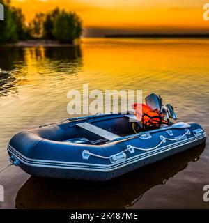 Small rubber fishing boat is waiting at the shore Stock Photo