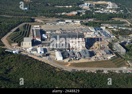 AERIAL VIEW. Construction site of ITER: an international megaproject for the experimentation of generating electricity by nuclear fusion. France. Stock Photo