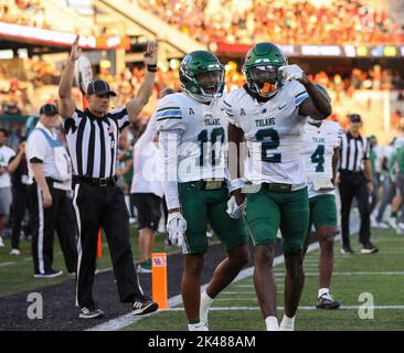 September 30, 2022: Houston, Texas, USA: Tulane wide receivers SHAE WYATT (10) and DEUCE WATTS (2) celebrate after Watts scored on a 13-yard touchdown catch during a college football game between the Houston Cougars and the Tulane Green Wave. Tulane won 27-24 in overtime. (Credit Image: © Scott Coleman/ZUMA Press Wire) Stock Photo