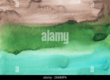 Watercolor blue, green, brown background texture. Abstract multicolored paintind backdrop. Stains on paper. Stock Photo