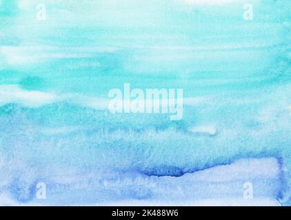 Watercolor light cyan blue background painting. Watercolour bright sky blue stains on paper. Watery texture. Stock Photo