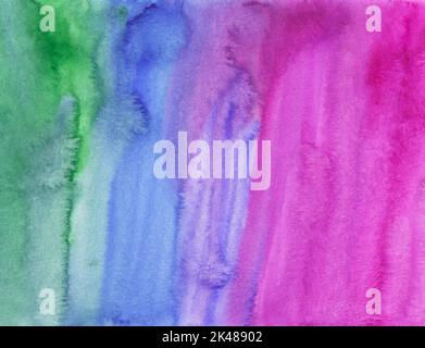 Watercolor bright blue, pink and green gradient background painting texture. Multicolored watercolour liquid backdrop. Stains on paper. Stock Photo