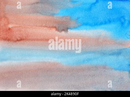 Watercolor light blue and brown background. Multicolored pastel watery soft backdrop. Stains on paper. Stock Photo