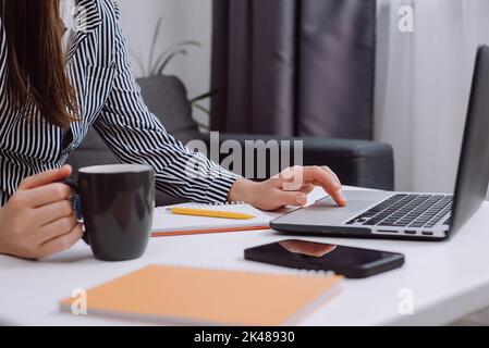 Close up of young woman using laptop, sitting on couch, female hands typing, writing notes, studying languages, checking email in morning, drink coffe Stock Photo