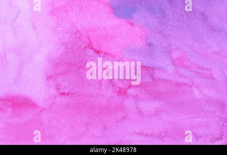 Watercolor deep fuchsia and purple background painting. Liquid pink backdrop. Stains on paper. Stock Photo