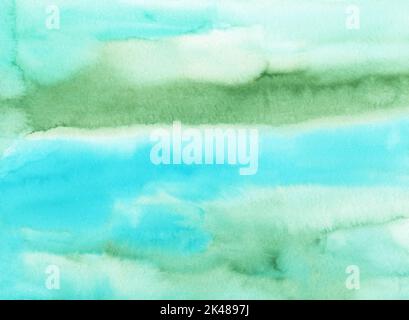 Watercolor light blue and green background texture. Multicolored soft backdrop, hand painted. Stains on paper. Stock Photo