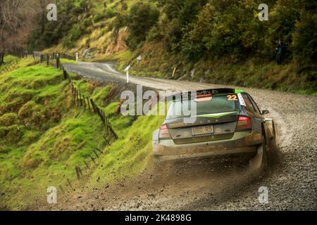 Auckland, New Zealand. 01st Oct, 2022. 22 HUNT Ben (nzl), RAWSTORN Tony (nzl), Skoda Fabia Evo, action during the Rally New Zealand 2022, 11th round of the 2022 WRC World Rally Car Championship, from September 29 to October 2, 2022 at Auckland, New Zealand - Photo Nikos Katikis / DPPI Credit: DPPI Media/Alamy Live News Stock Photo