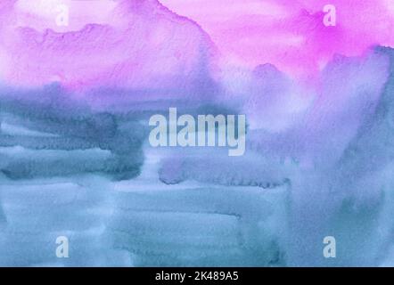 Watercolor sea green  and pink background. Liquid backdrop, hand painted. Stains on paper. Stock Photo